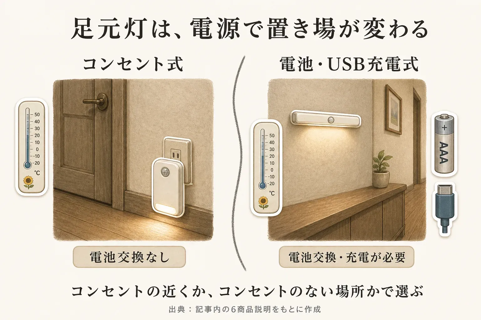 足元灯の電源で置き場所が変わることを示す図。コンセント式はドア近くのコンセントで電池交換なし、電池式・USB充電式はコンセントのない壁面に設置できる一方で電池交換・充電が必要と示している。出典：記事内の6商品説明をもとに作成