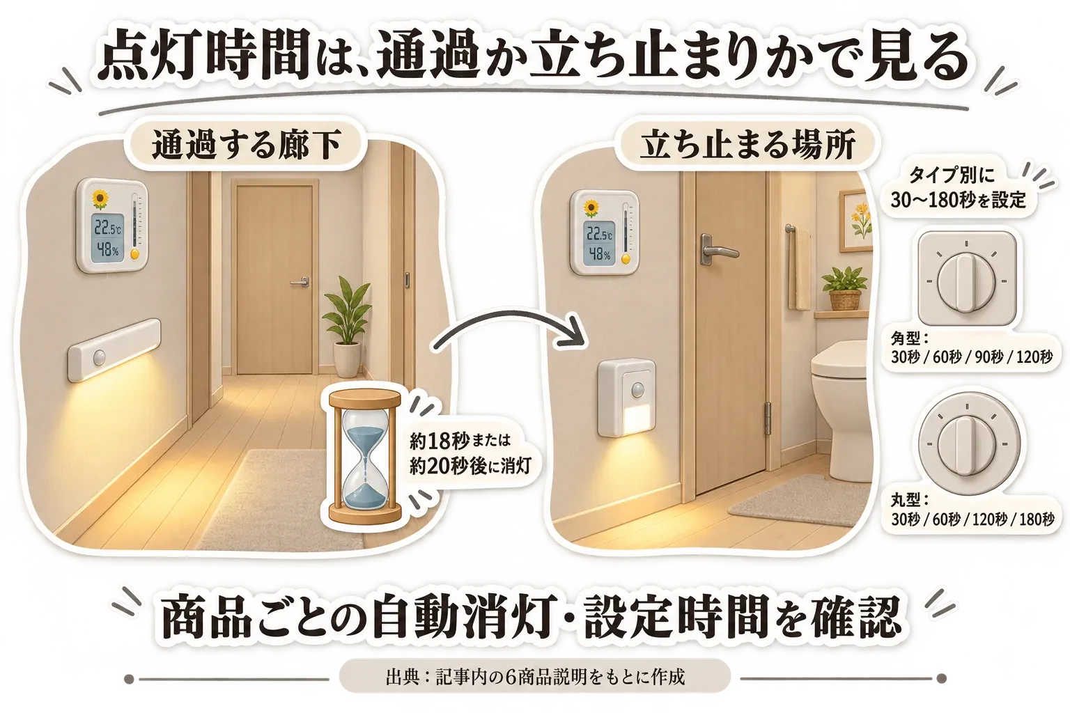 点灯時間を通過する廊下と立ち止まる場所で選ぶ図。通過する廊下では約18秒または約20秒後の自動消灯例、立ち止まる場所ではタイプ別に30〜180秒を設定する例を示し、商品ごとの自動消灯・設定時間を確認すると案内している。出典：記事内の6商品説明をもとに作成