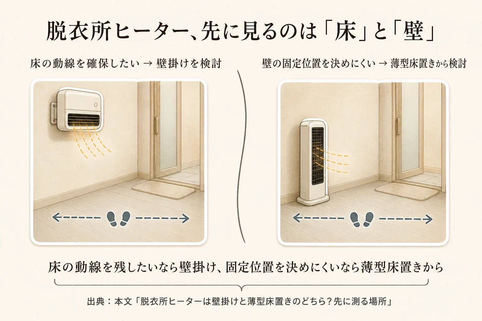 脱衣所ヒーターの選び方として、床の動線を確保したい場合は壁掛けを検討し、壁の固定位置を決めにくい場合は薄型の床置きから検討することを、壁掛けヒーターと床置きヒーターの図で示した図。出典：記事本文をもとに作成