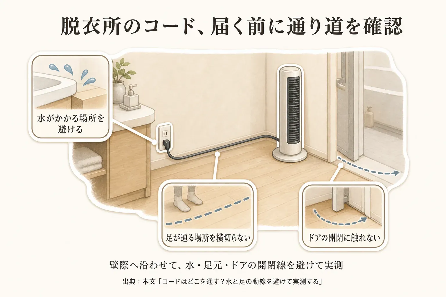 脱衣所のコンセントから床置きヒーターまでコードを壁際に沿わせ、水がかかる洗面台の近く、足が通る場所、浴室ドアの開閉線を避けて通す例を示した図。出典：記事本文をもとに作成