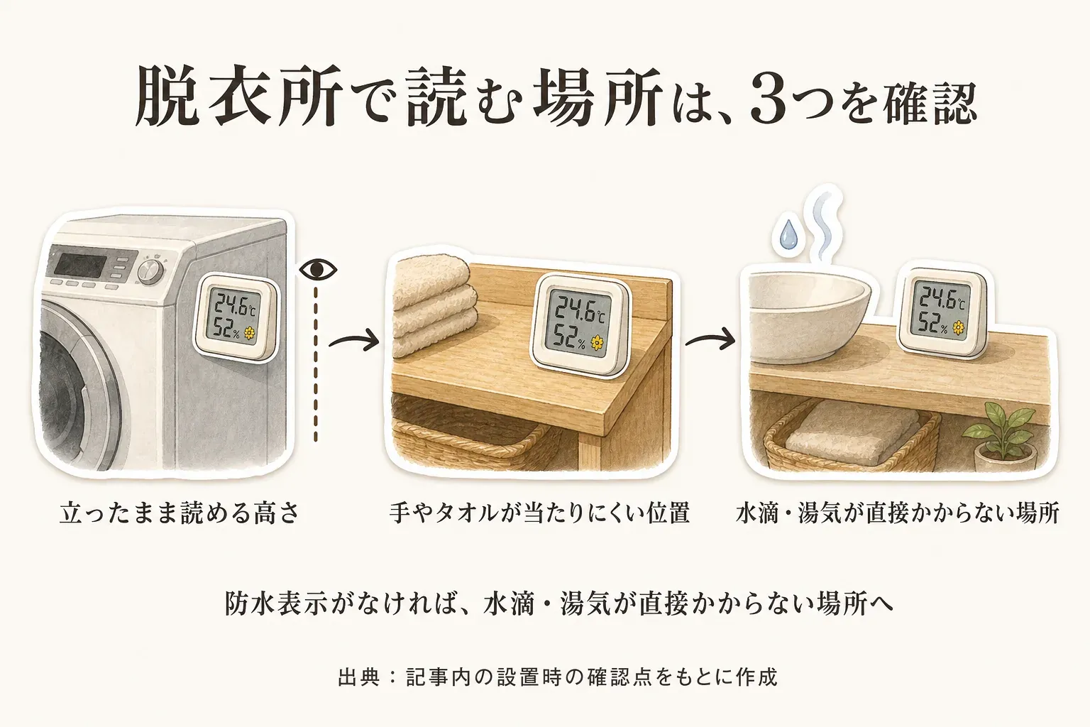 脱衣所で温湿度計を読む場所として、立ったまま読める高さ、手やタオルが当たりにくい位置、水滴や湯気が直接かからない場所の3点を確認する図。防水表示がなければ水滴・湯気が直接かからない場所へ置く。出典：記事内の設置時の確認点をもとに作成