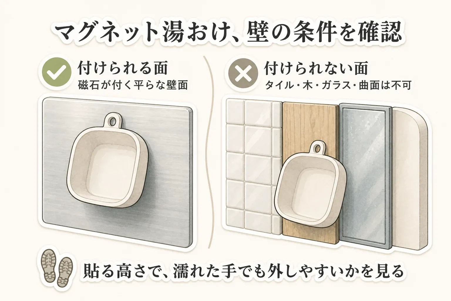 マグネット湯おけを取り付けられる磁石が付く平らな浴室壁面と、タイル・木・ガラス、凹凸面、曲面など取り付けできない壁面の例を示した図。取り付け前に壁の材質と平らさを確認する流れを説明。出典：記事本文をもとに作成